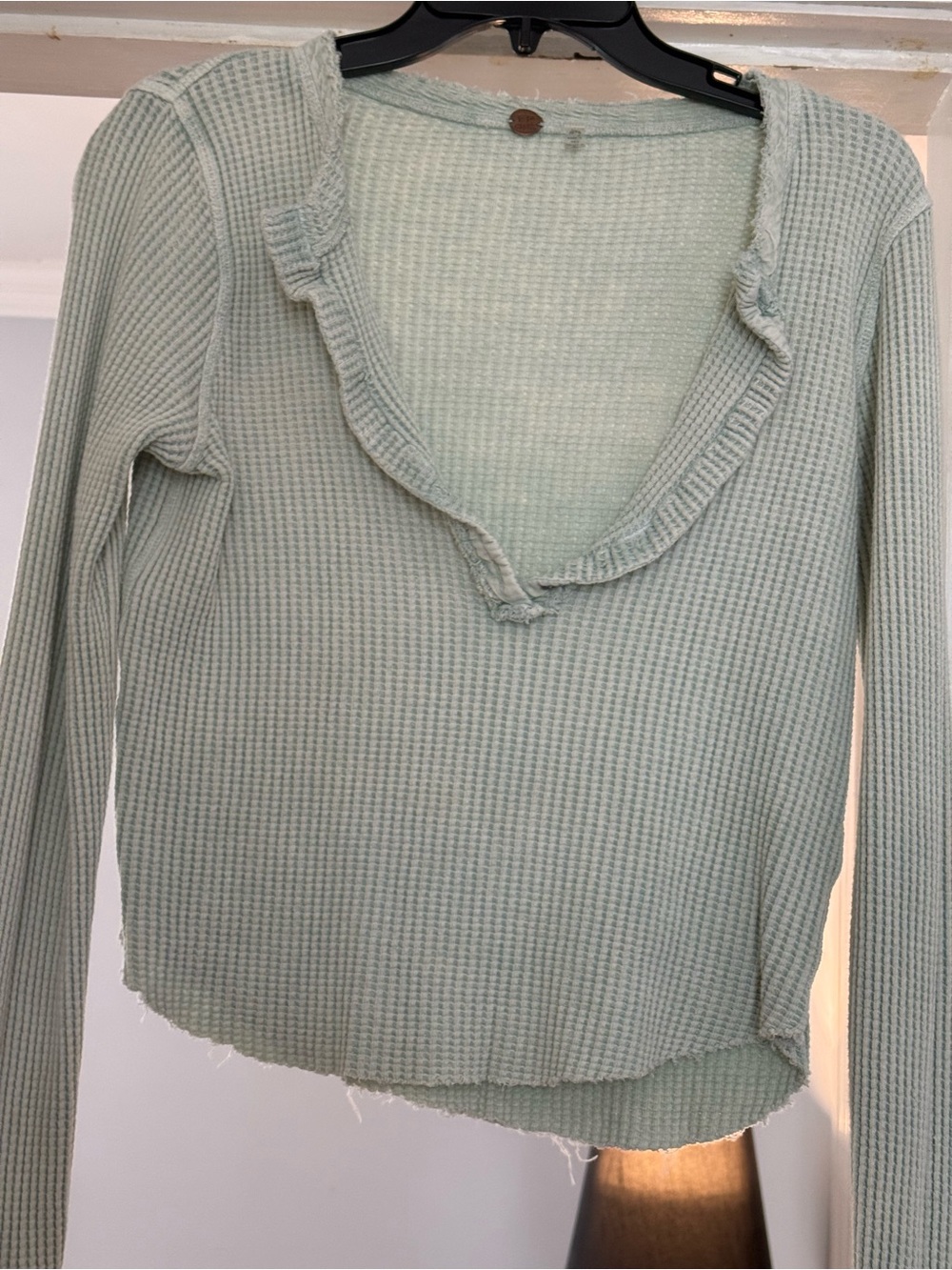 Free People Mint Waffle-Knit Ruffle Distressed V-Neck Long Sleeve Top